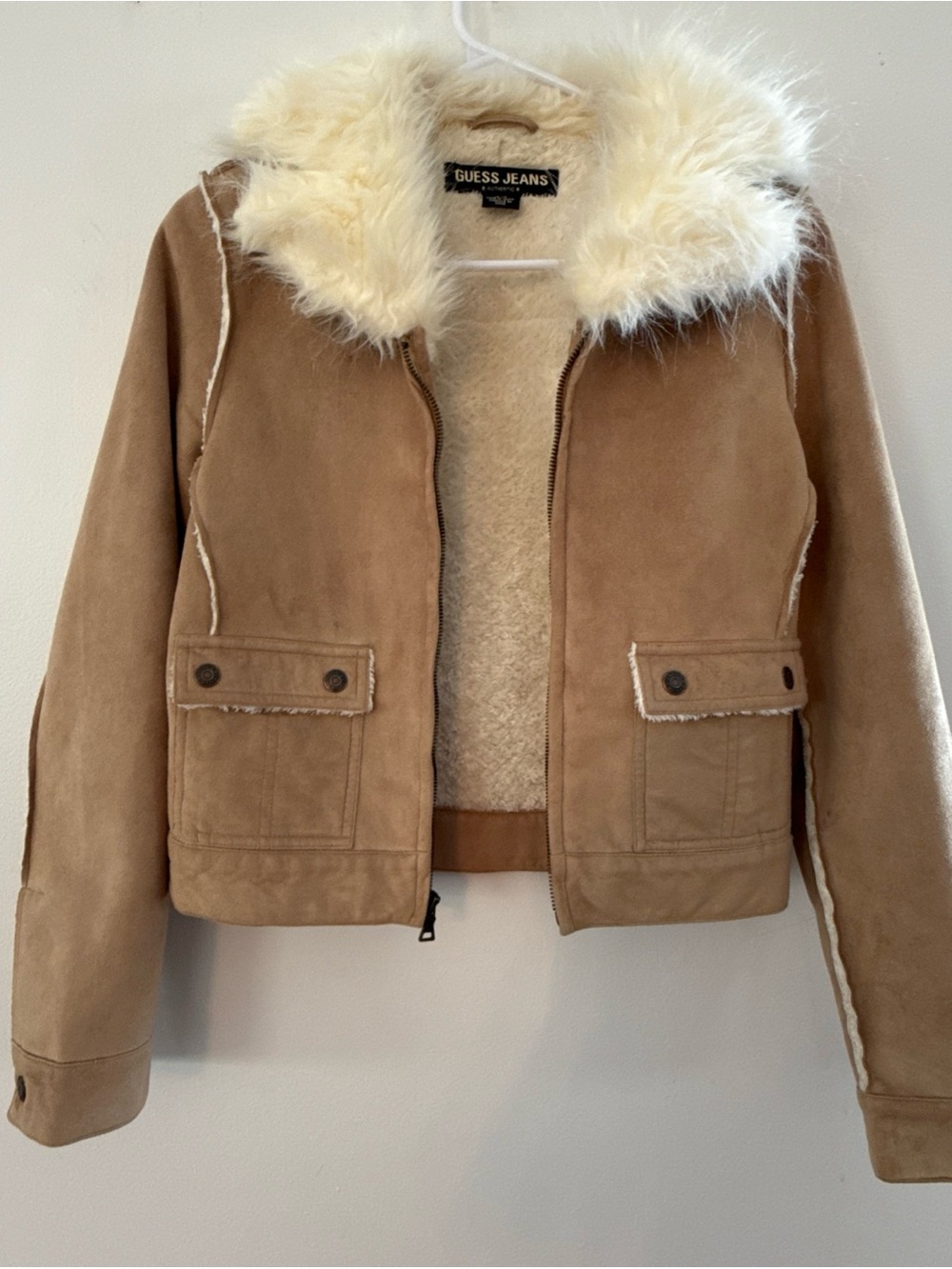 Guess Faux Suede Tan Jacket with Cream Faux Fur Collar XS